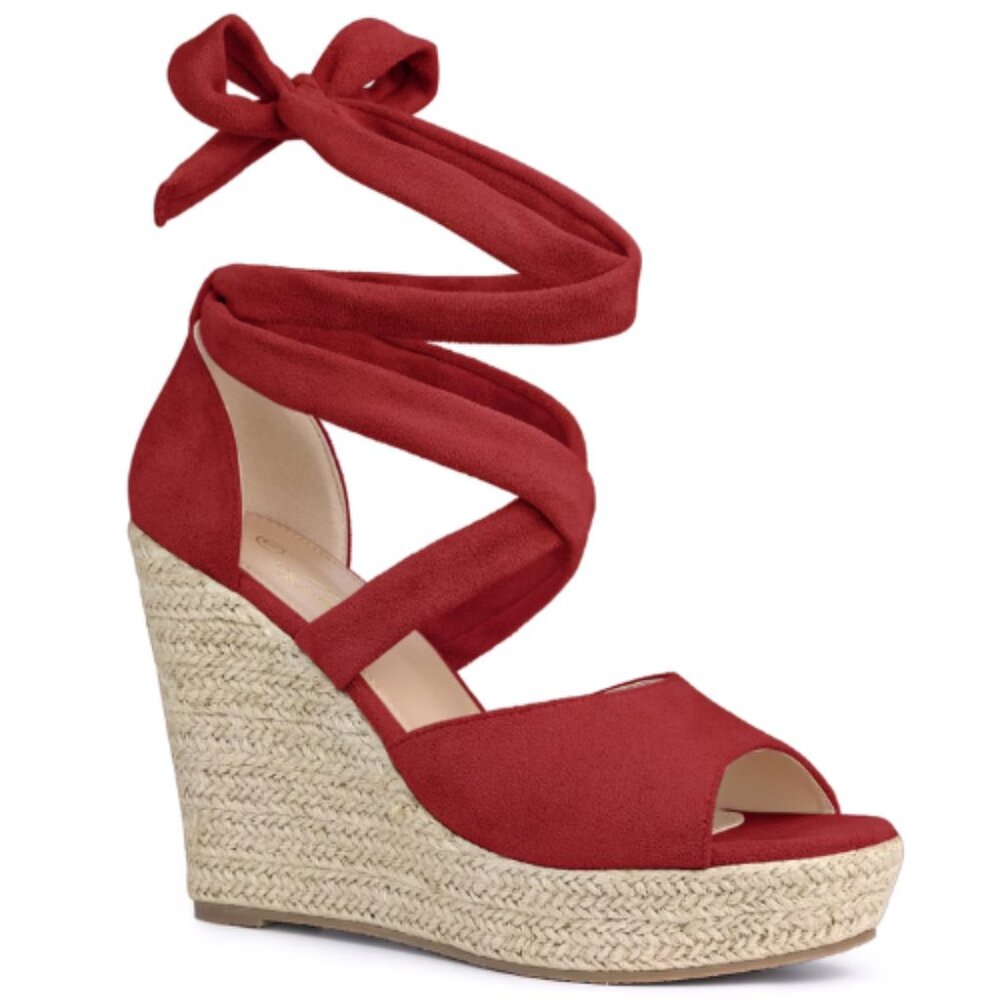 Women's Solid Color Lace Up Strappy Peep Toe Espadrilles Wedge Heels Sandals 7.5